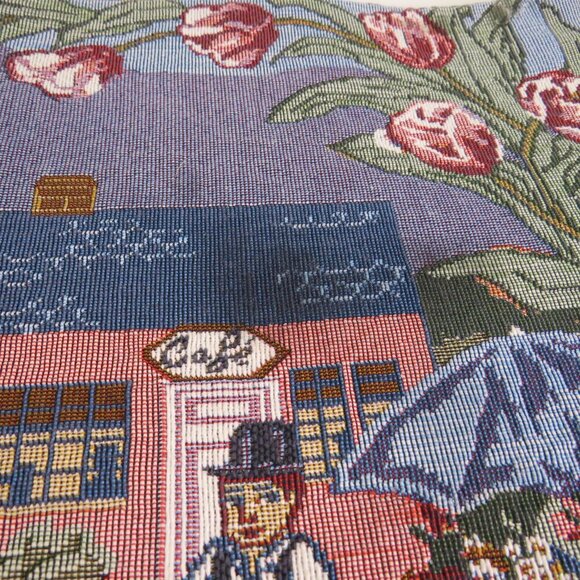 Quaint Turn of the Century Village Scene Tapestry Table Runner Tulips Gazebo - Picture 5 of 6